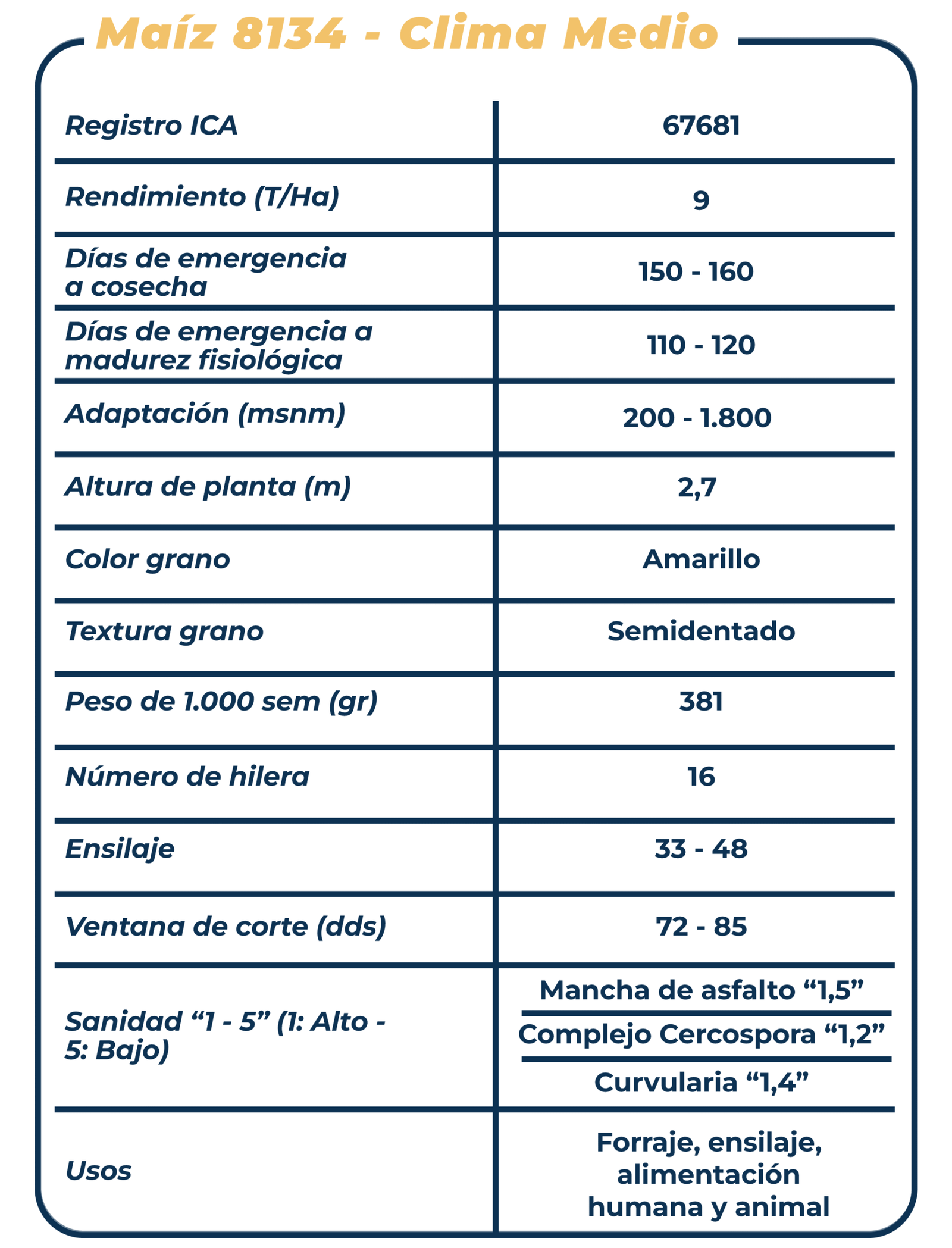 Ficha técnica Maíz 8134 - Clima medio