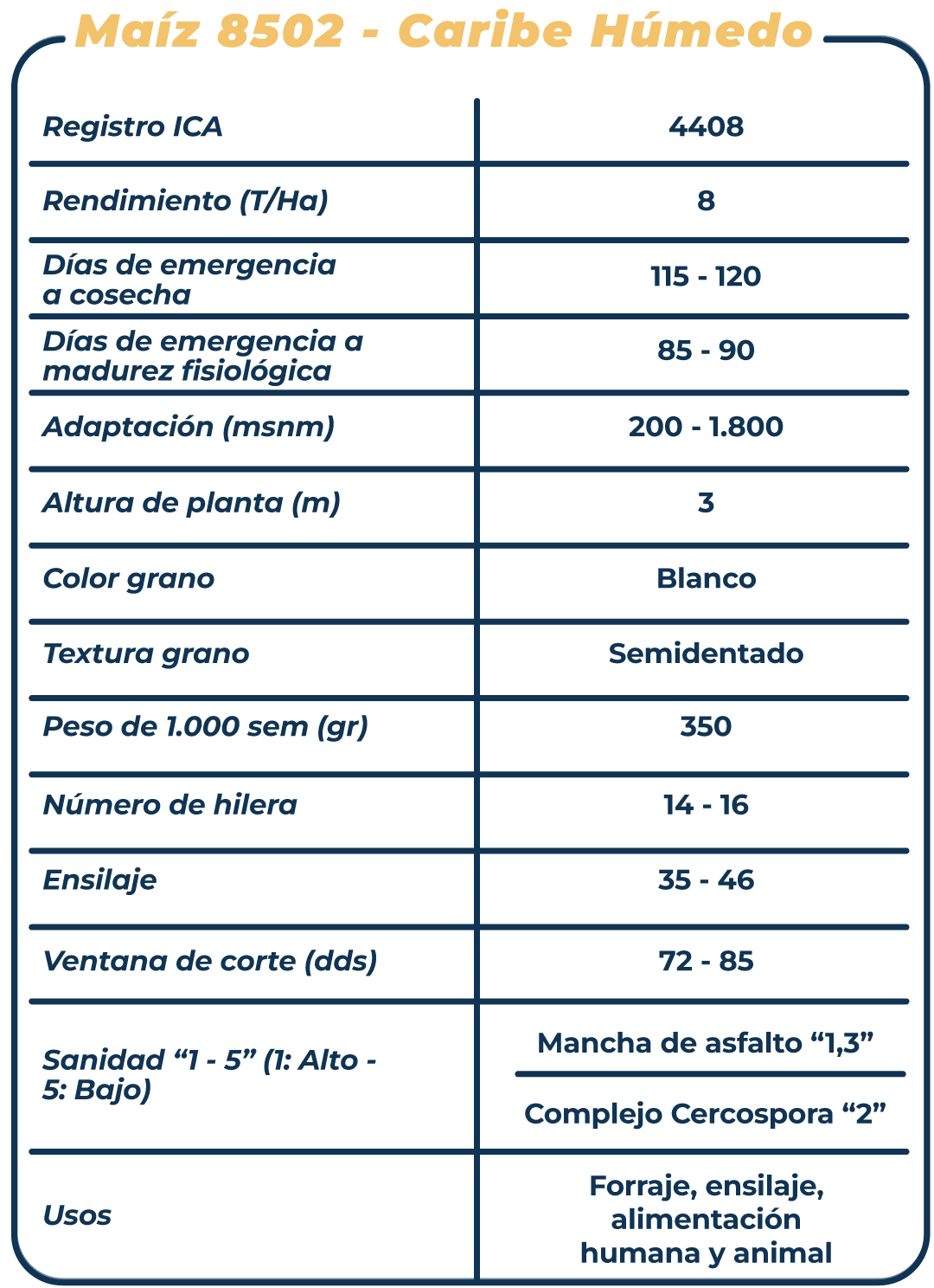 Ficha técnica Maíz 8502 - Caribe húmedo