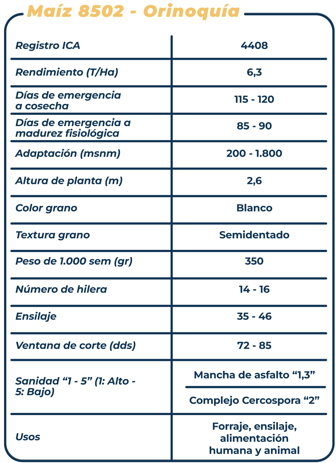 Ficha técnica Maíz 8502 - Orinoquía